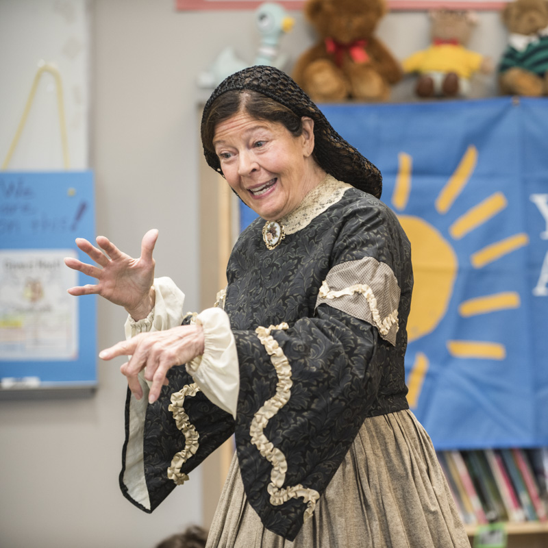Jan Turnquist performs her Louisa May Alcott theater program for school assemblies